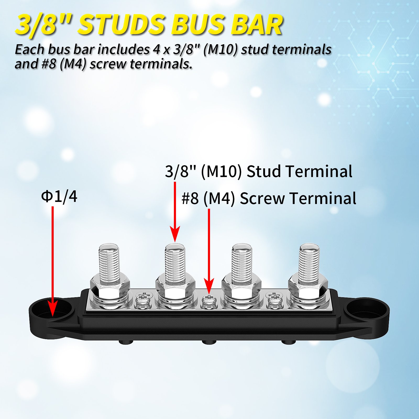 DaierTek Car Bus Bar Power Terminal Blocks 4x 3/8" (M10) Studs DC Bus Bar with Cover Black or Red Housing for Automotive Boat