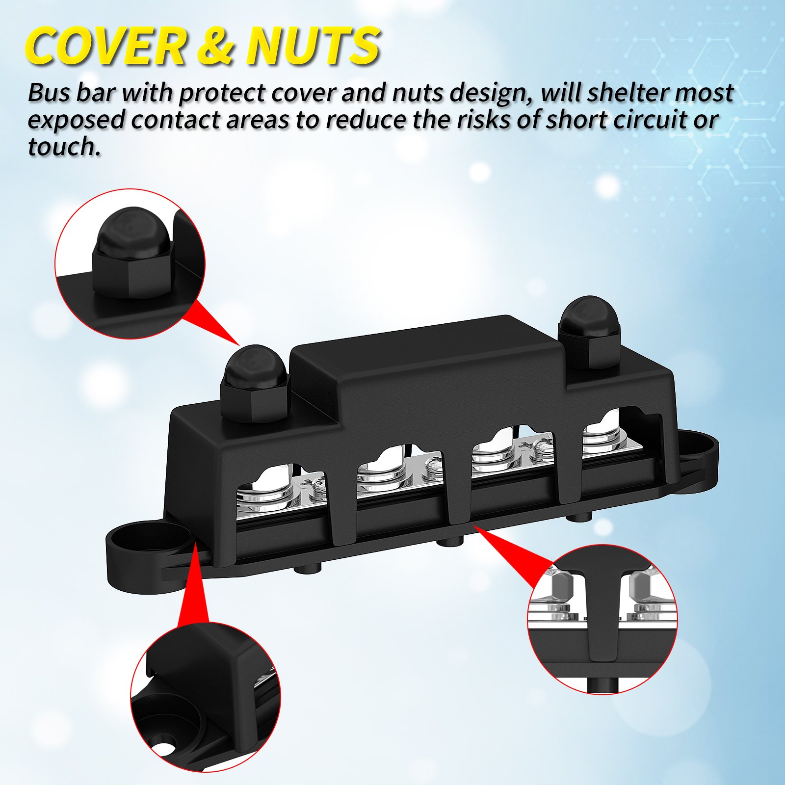 DaierTek Car Bus Bar Power Terminal Blocks 4x 3/8" (M10) Studs DC Bus Bar with Cover Black or Red Housing for Automotive Boat