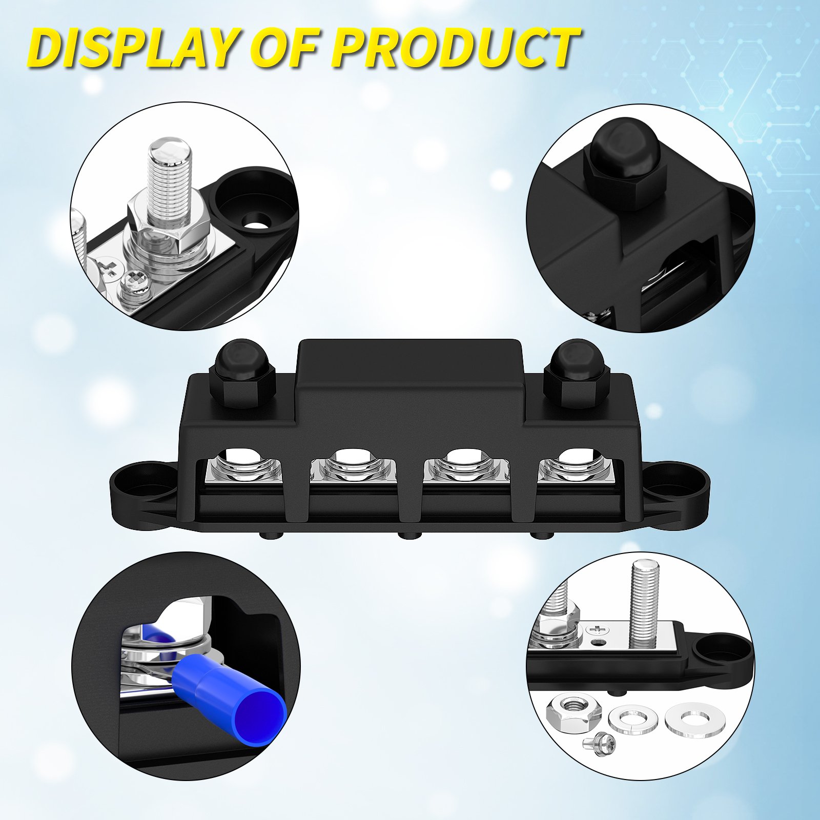 DaierTek Car Bus Bar Power Terminal Blocks 4x 3/8" (M10) Studs DC Bus Bar with Cover Black or Red Housing for Automotive Boat
