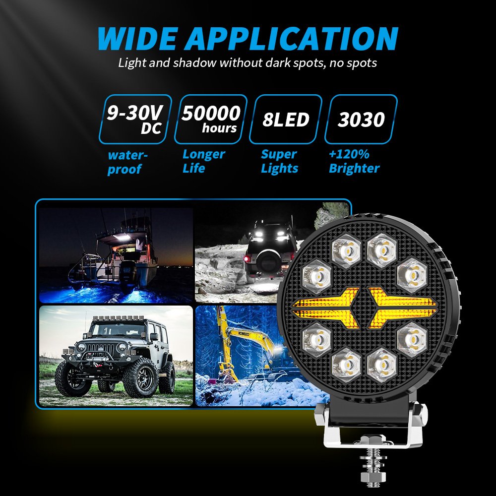 DXZ 2024 New 4Inch Led 4X4 Round Spotlight 8LED White+Amber DRL for Truck Led Working Lights Black Cover Led Square Headlights