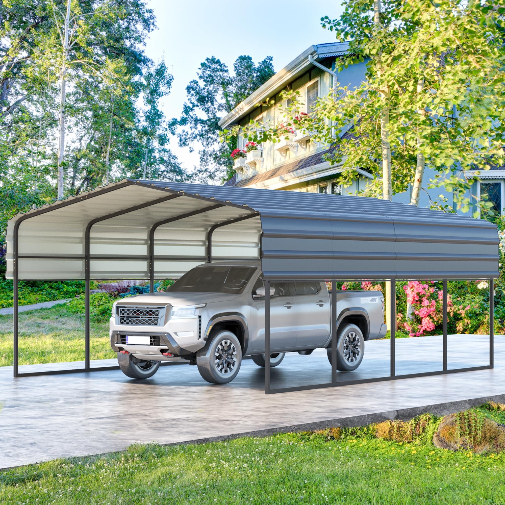 Carport With Galvanized Steel Roof Heavy Duty Metal Carport Canopy Outdoor Garage Car Shelter Shade for Car Boats and Truck