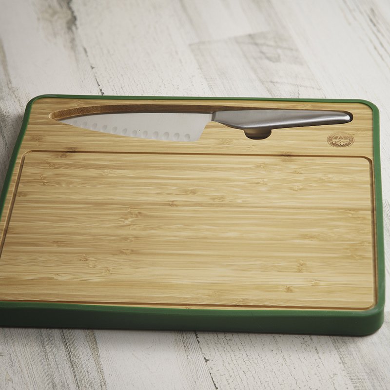 A Curved Travel Cutting Board with a Chef's Knife and Silicone Travel Cover Is Perfect for RV, Camping, Boating, or Picnicking