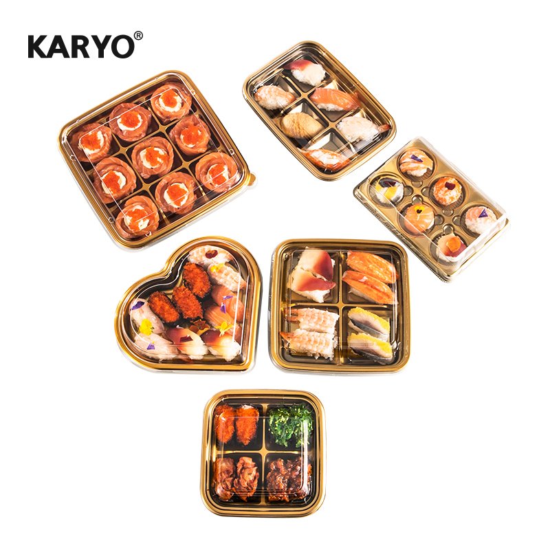 1302 Food Cookie Round Gold Sushi Container Boat Square Sealable PET/PS Price Black Takeaway Recyclable Plastic Tray with Lid