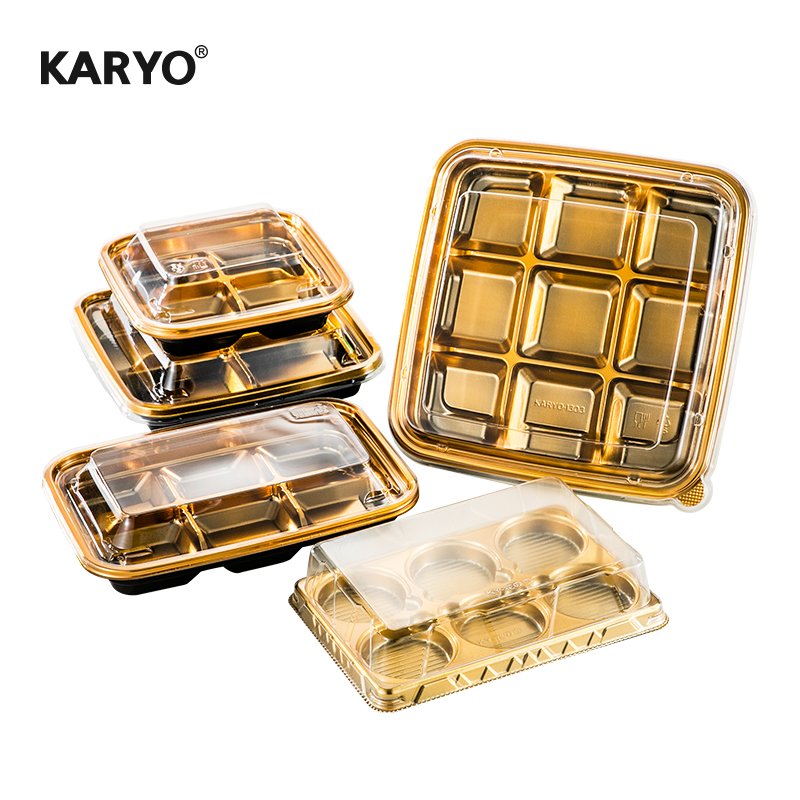 1302 Food Cookie Round Gold Sushi Container Boat Square Sealable PET/PS Price Black Takeaway Recyclable Plastic Tray with Lid