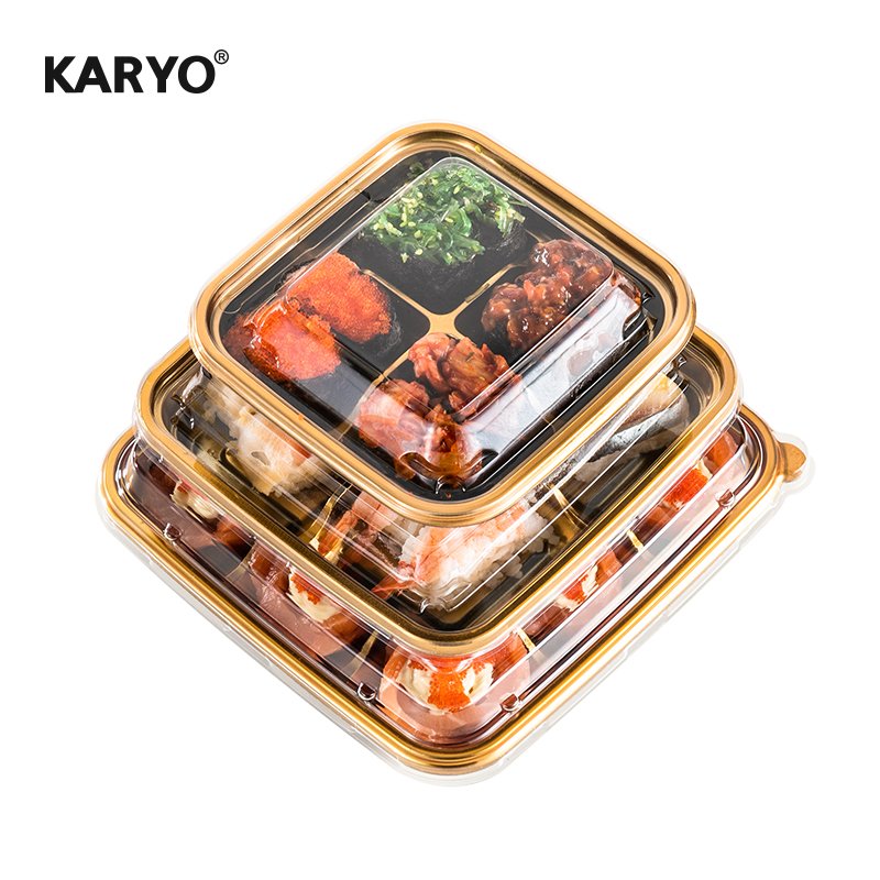 1302 Food Cookie Round Gold Sushi Container Boat Square Sealable PET/PS Price Black Takeaway Recyclable Plastic Tray with Lid