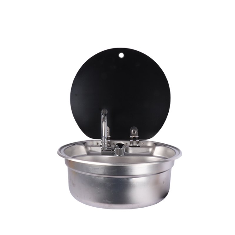 HWHongRV Round Camper Rvs Kitchen Kit Stainless Steel Sink Campervan Tempered Glass Lid Sink, with Foldable Rotating Faucet