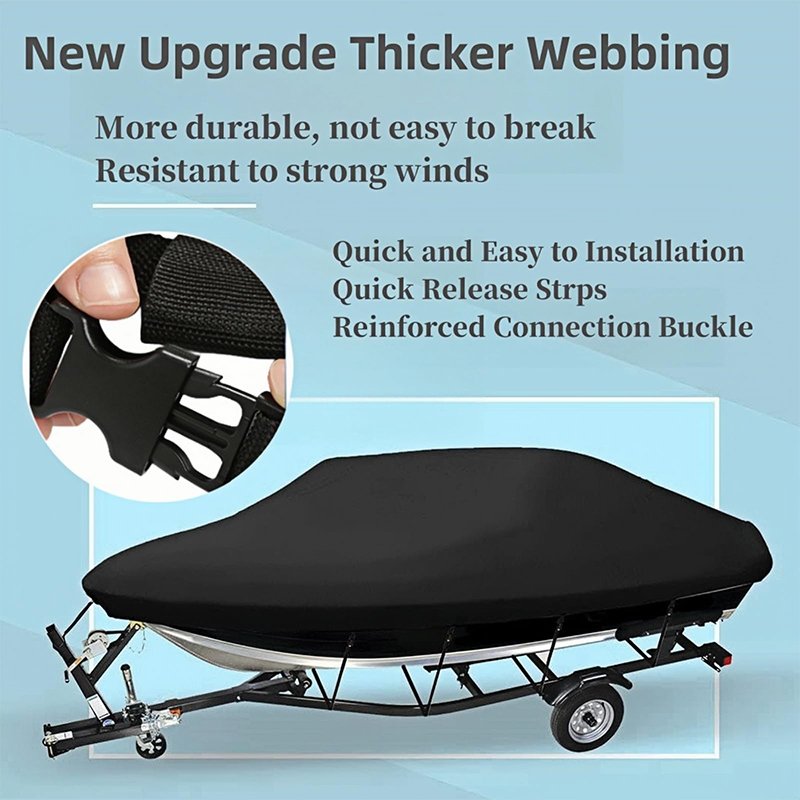 Custom Waterproof Boat Cover Marine Grade Oxford Cloth PU Coating Fits V-Hull Tri-Hull Boats Windproof Dustproof Black