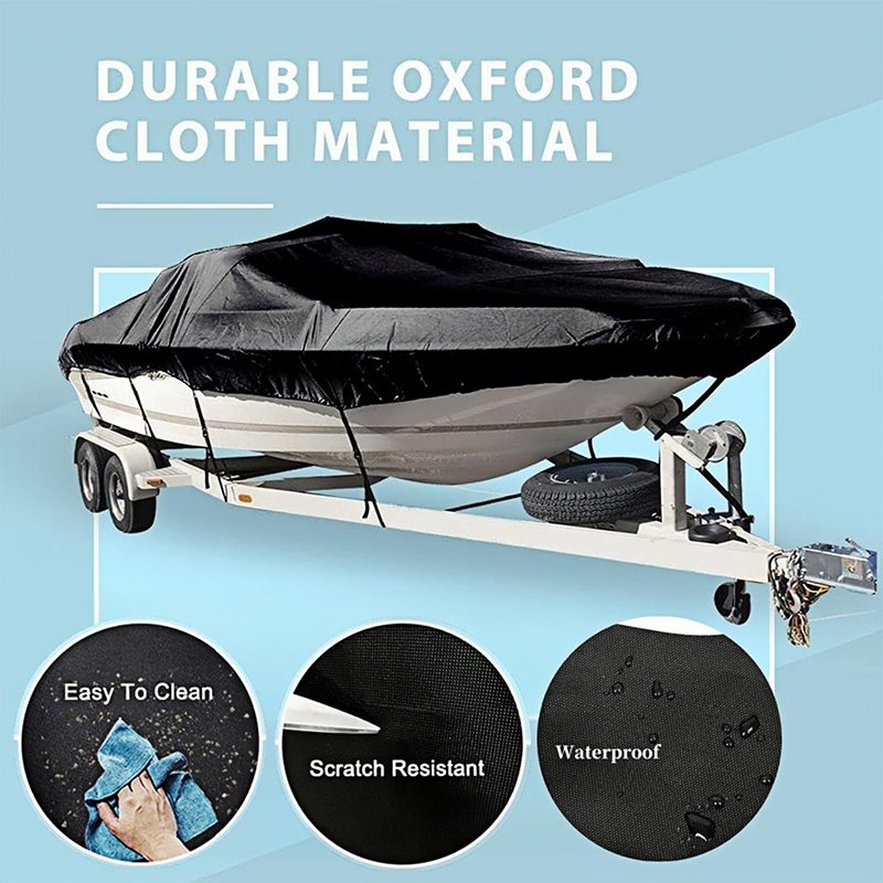 Custom Waterproof Boat Cover Marine Grade Oxford Cloth PU Coating Fits V-Hull Tri-Hull Boats Windproof Dustproof Black