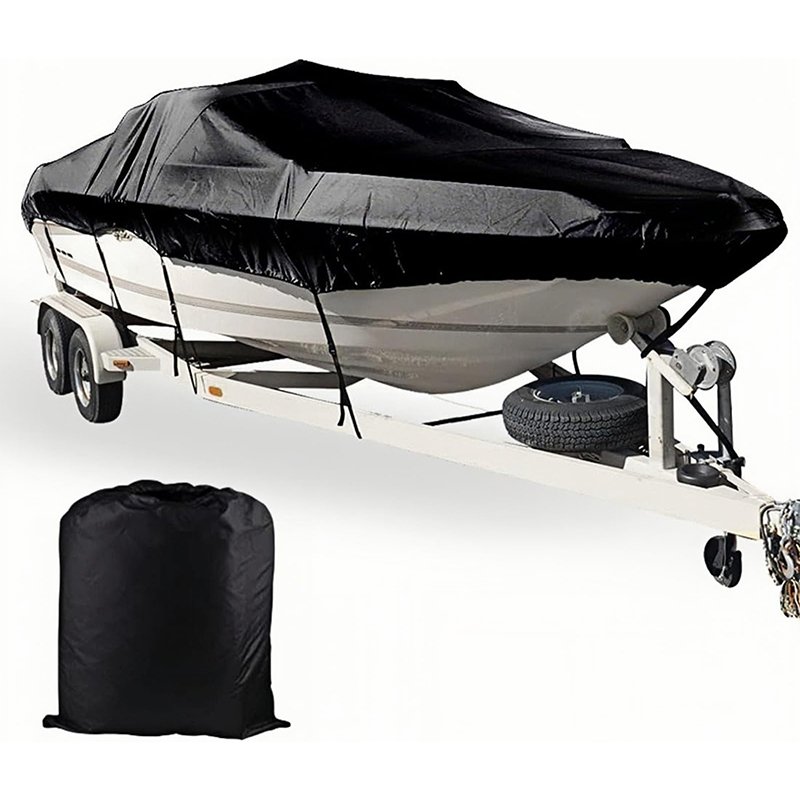 Custom Waterproof Boat Cover Marine Grade Oxford Cloth PU Coating Fits V-Hull Tri-Hull Boats Windproof Dustproof Black