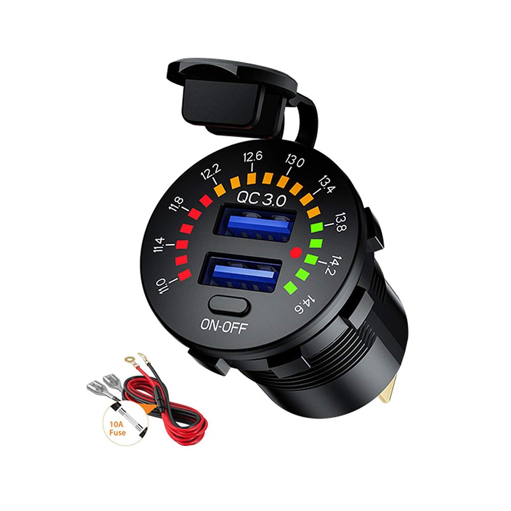 Dustproof Waterproof 36W 12V/24V Dual QC3.0 USB Car Charger Socket With on OFF Switch and Digital Voltmeter