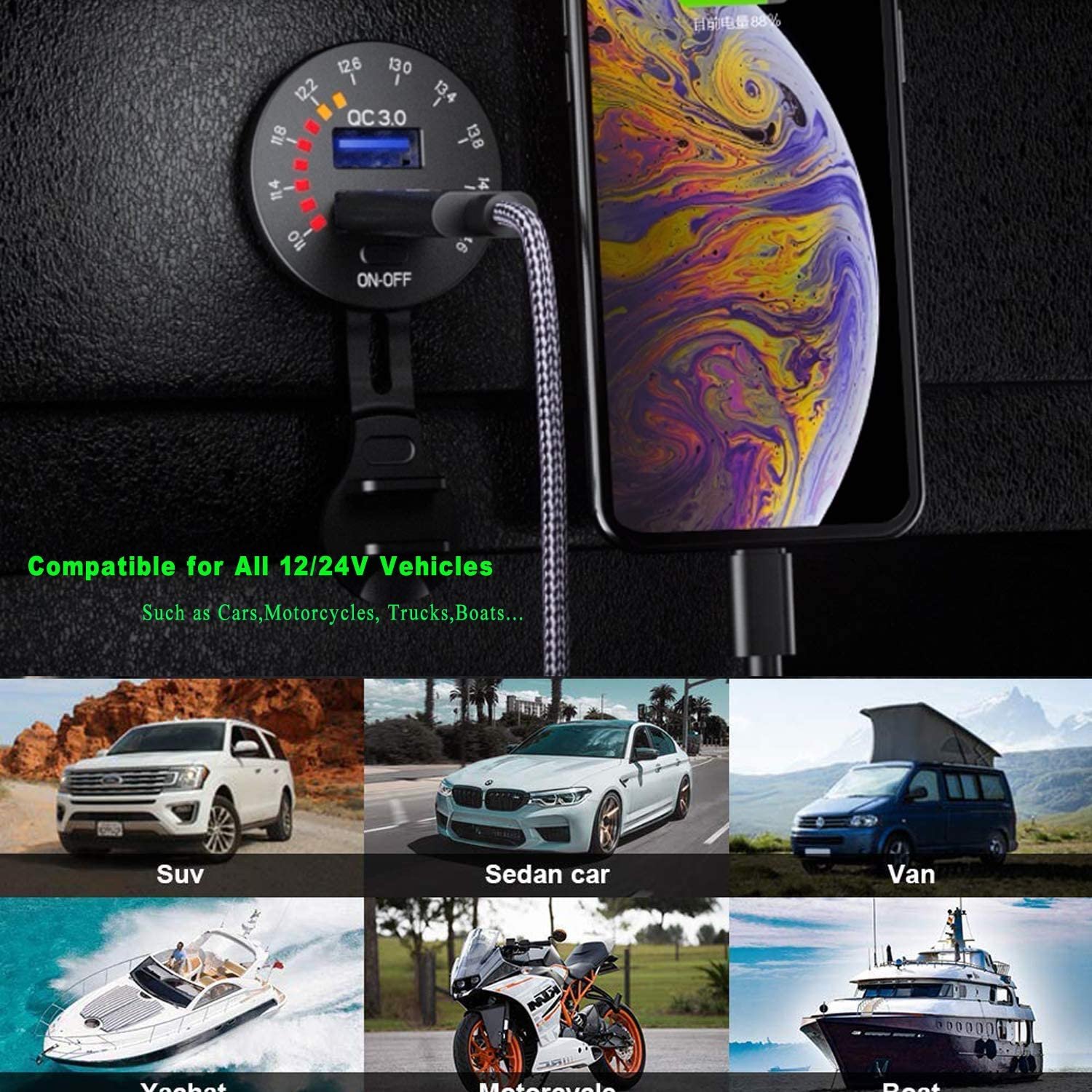 Dustproof Waterproof 36W 12V/24V Dual QC3.0 USB Car Charger Socket With on OFF Switch and Digital Voltmeter