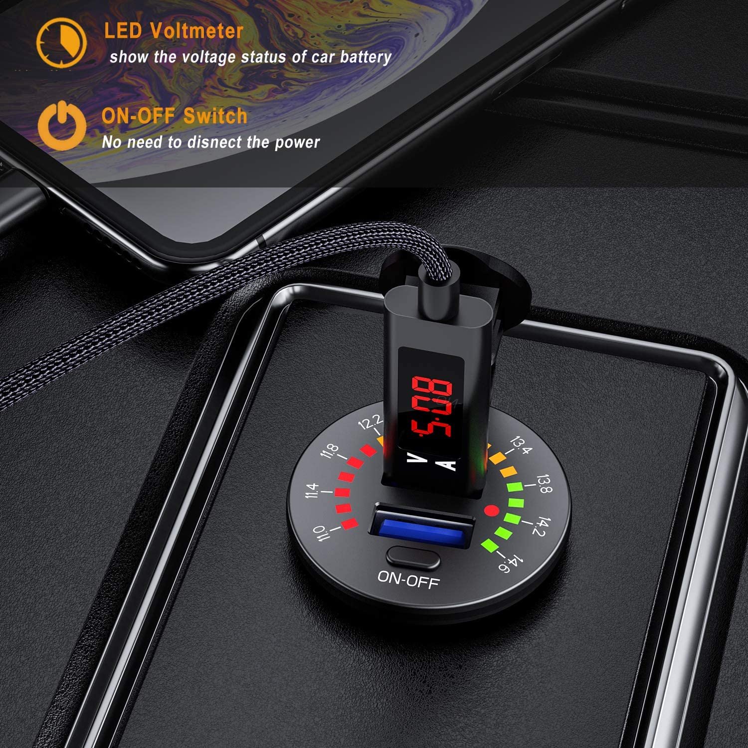 Dustproof Waterproof 36W 12V/24V Dual QC3.0 USB Car Charger Socket With on OFF Switch and Digital Voltmeter