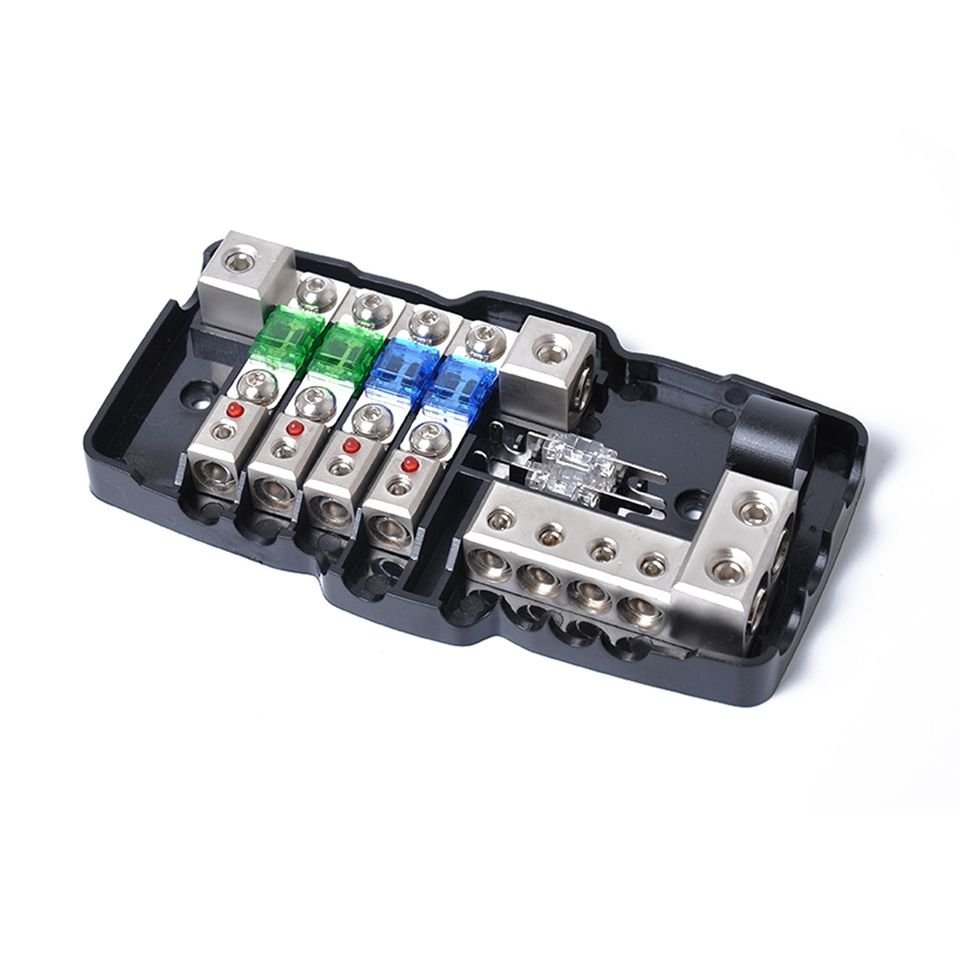 Fused Power Distribution Block Car Audio 4 Way MIDI(Mini-ANL) Fuse Block 12V 0/4 Gauge With Ground for Auto UTV Boat Stereo Amp