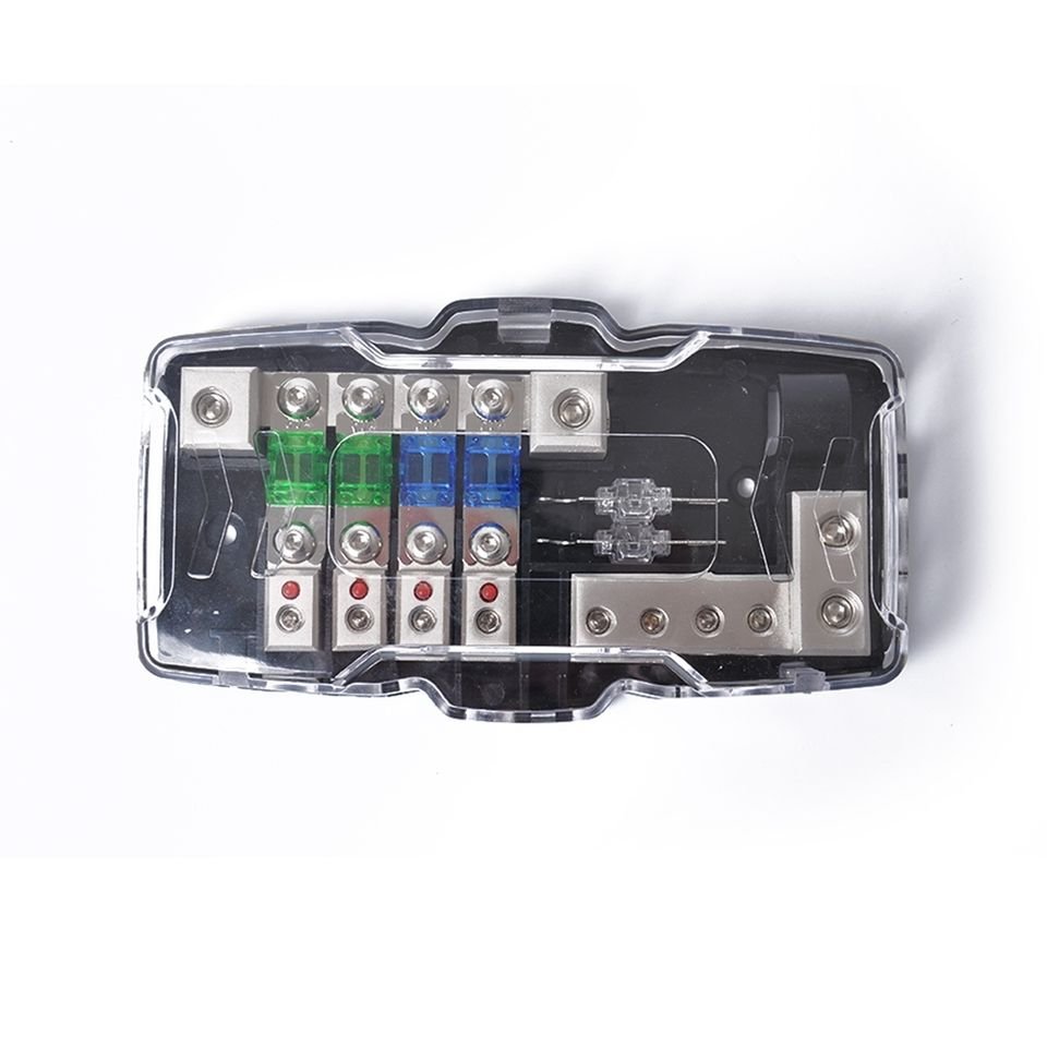 Fused Power Distribution Block Car Audio 4 Way MIDI(Mini-ANL) Fuse Block 12V 0/4 Gauge With Ground for Auto UTV Boat Stereo Amp