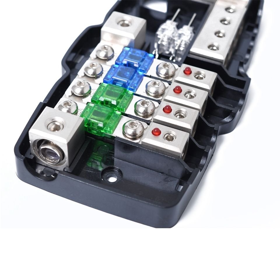 Fused Power Distribution Block Car Audio 4 Way MIDI(Mini-ANL) Fuse Block 12V 0/4 Gauge With Ground for Auto UTV Boat Stereo Amp