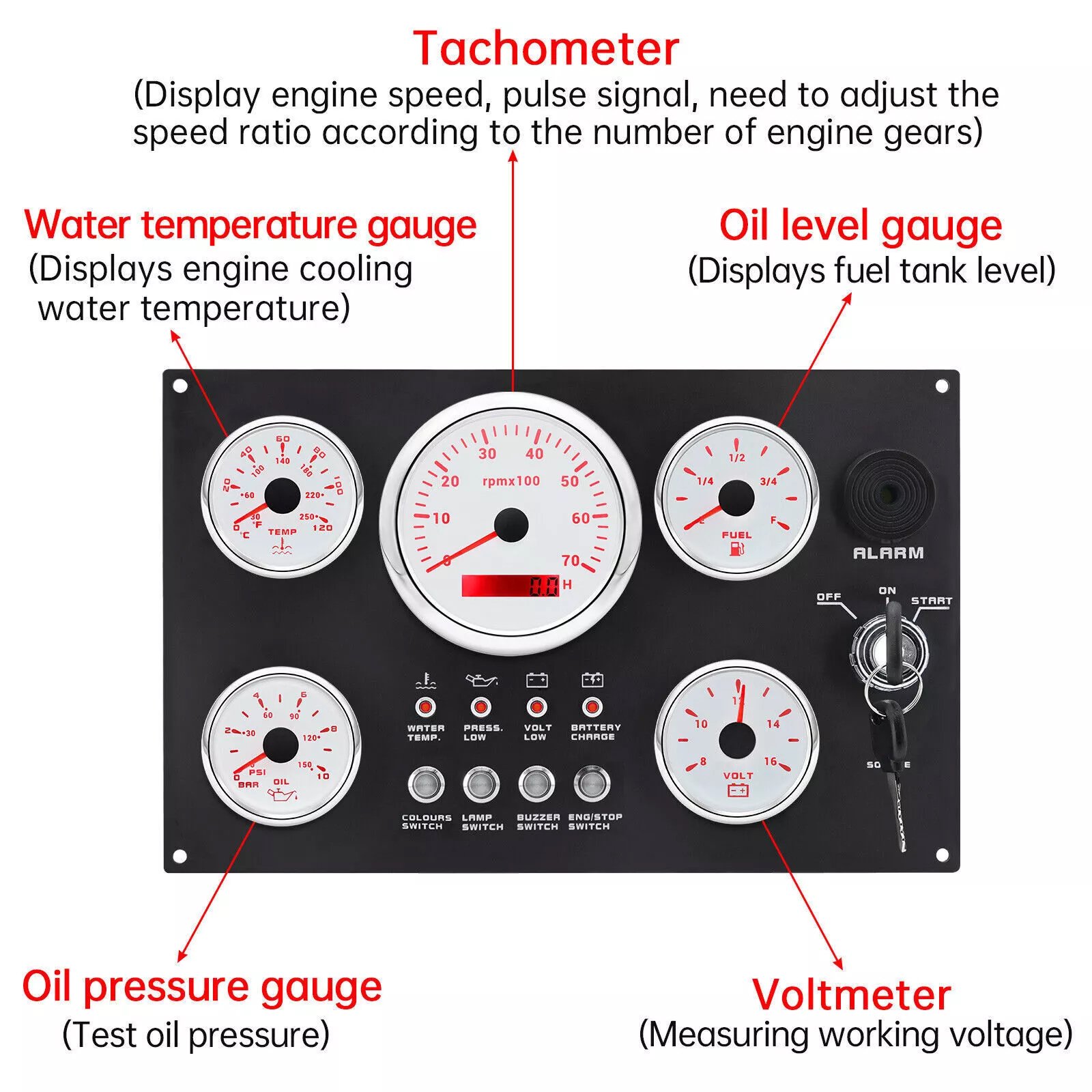 5 Gauges Set with Instrument Panel Tachometer 7000RPM 7 Color LED for Boat Yacht