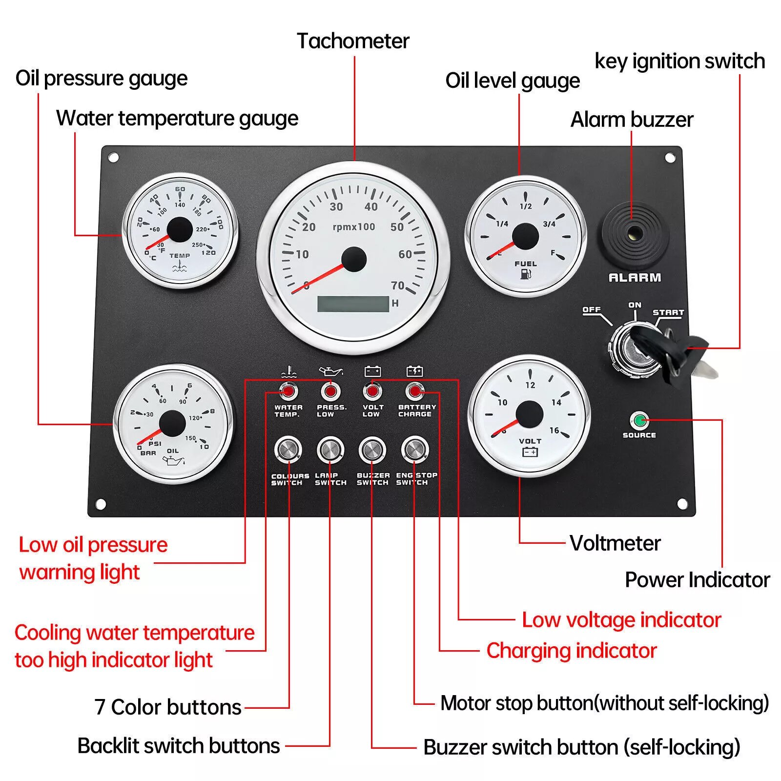 5 Gauges Set with Instrument Panel Tachometer 7000RPM 7 Color LED for Boat Yacht