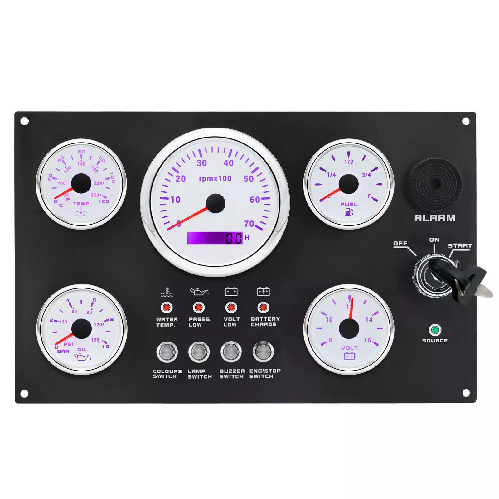 5 Gauges Set with Instrument Panel Tachometer 7000RPM 7 Color LED for Boat Yacht