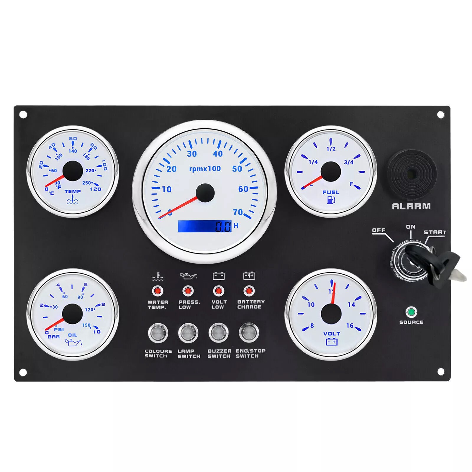 5 Gauges Set with Instrument Panel Tachometer 7000RPM 7 Color LED for Boat Yacht