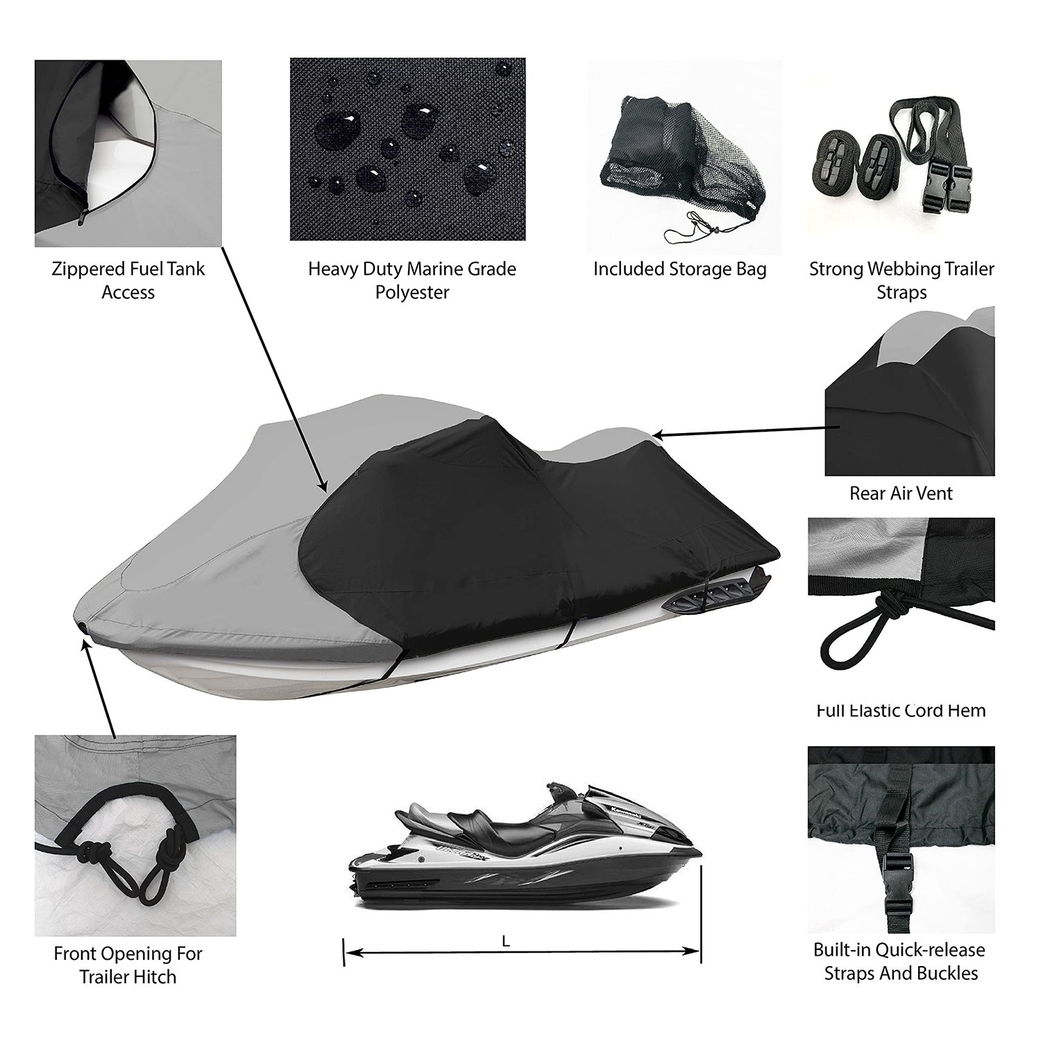 OEM 115"-145" Heavy Duty 600D Oxford Waterproof Boat Watercraft 2-3 Seater Trailerable Jetski Jet Ski Covers With Air Vents