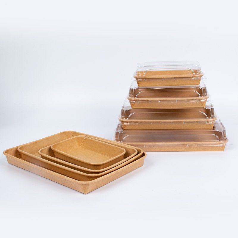 Disposable Kraft Paper Boat Sushi Tray Paper With Cover Paper Sushi Tray With Plastic Lid Display Trays for Food Packaging