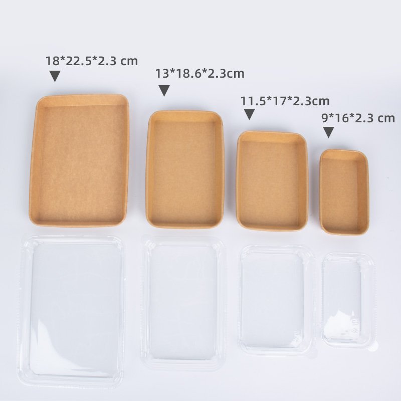 Disposable Kraft Paper Boat Sushi Tray Paper With Cover Paper Sushi Tray With Plastic Lid Display Trays for Food Packaging