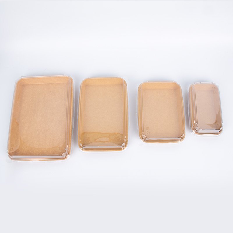 Disposable Kraft Paper Boat Sushi Tray Paper With Cover Paper Sushi Tray With Plastic Lid Display Trays for Food Packaging