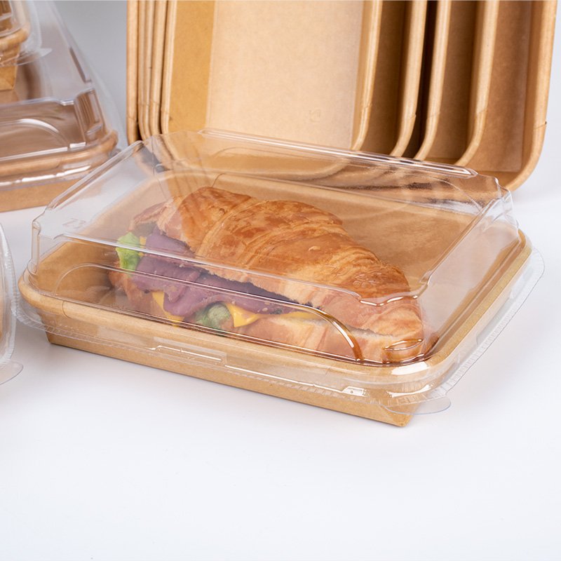 Disposable Kraft Paper Boat Sushi Tray Paper With Cover Paper Sushi Tray With Plastic Lid Display Trays for Food Packaging