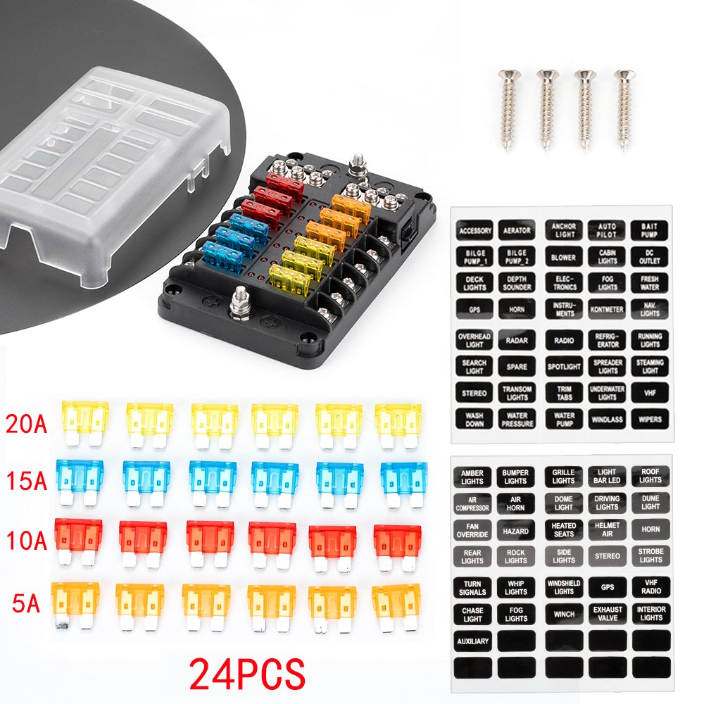 12 Way Blade Fuse Box with LED Light Indication & Protection Cover Holder Standard Circuit Fuse Holder Box Block for Car Boat