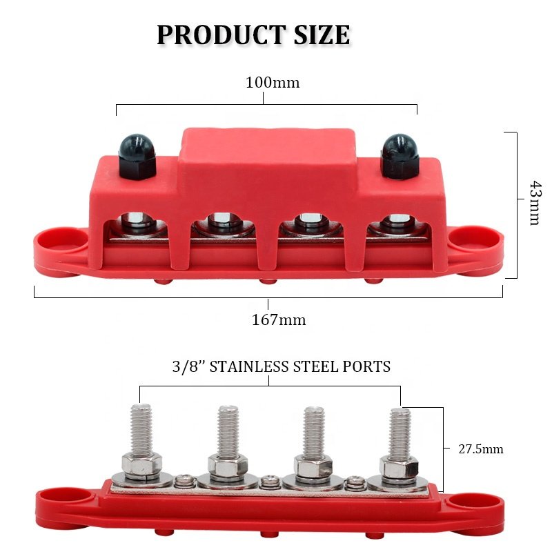 4 Stud 3/8" M10 Post Automatic Marine Electric Battery 250A Power Distribution Terminal Block Bus Bar With Cover for Car Boat