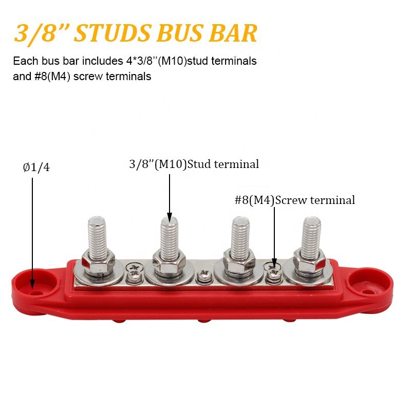 4 Stud 3/8" M10 Post Automatic Marine Electric Battery 250A Power Distribution Terminal Block Bus Bar With Cover for Car Boat