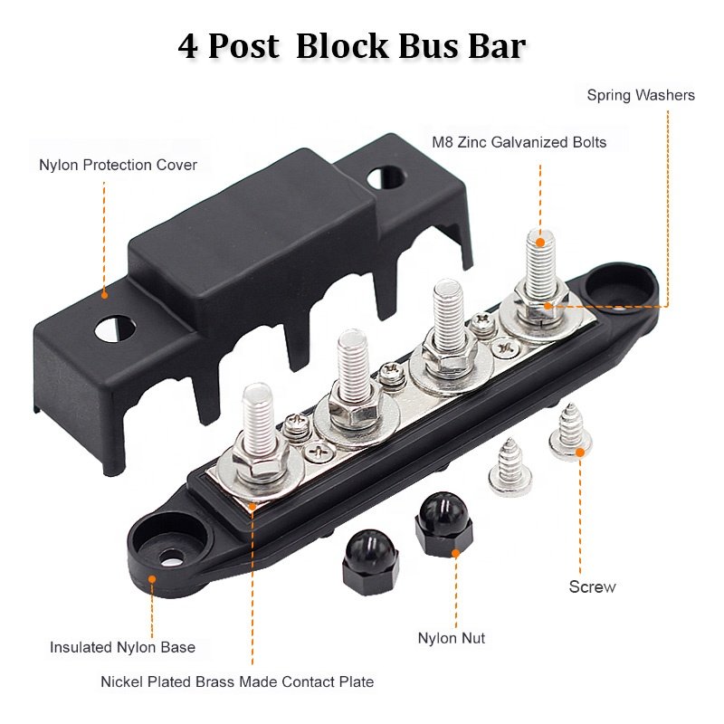 4 Stud 3/8" M10 Post Automatic Marine Electric Battery 250A Power Distribution Terminal Block Bus Bar With Cover for Car Boat