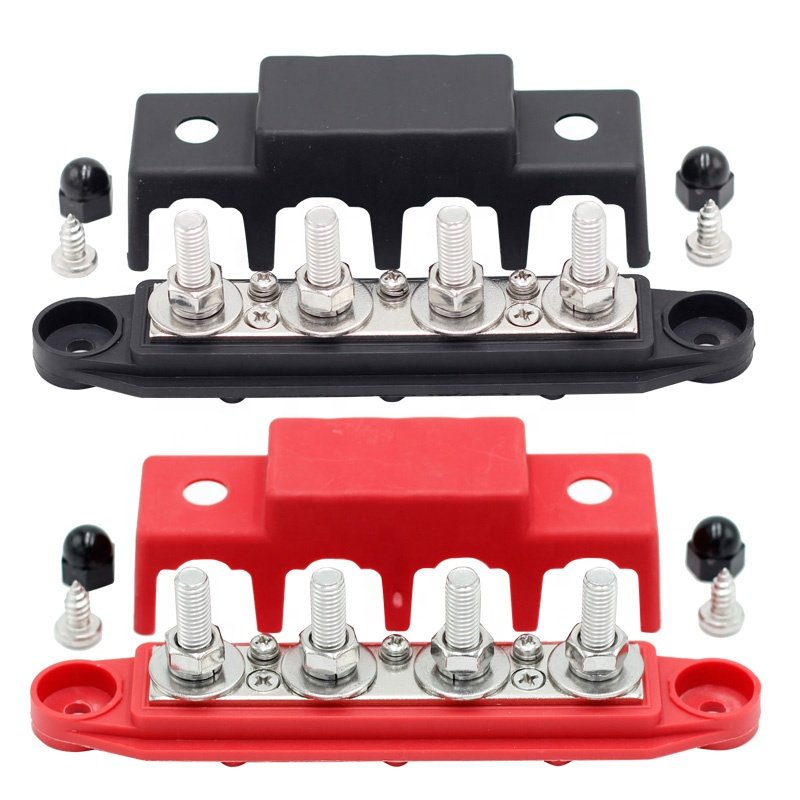4 Stud 3/8" M10 Post Automatic Marine Electric Battery 250A Power Distribution Terminal Block Bus Bar With Cover for Car Boat
