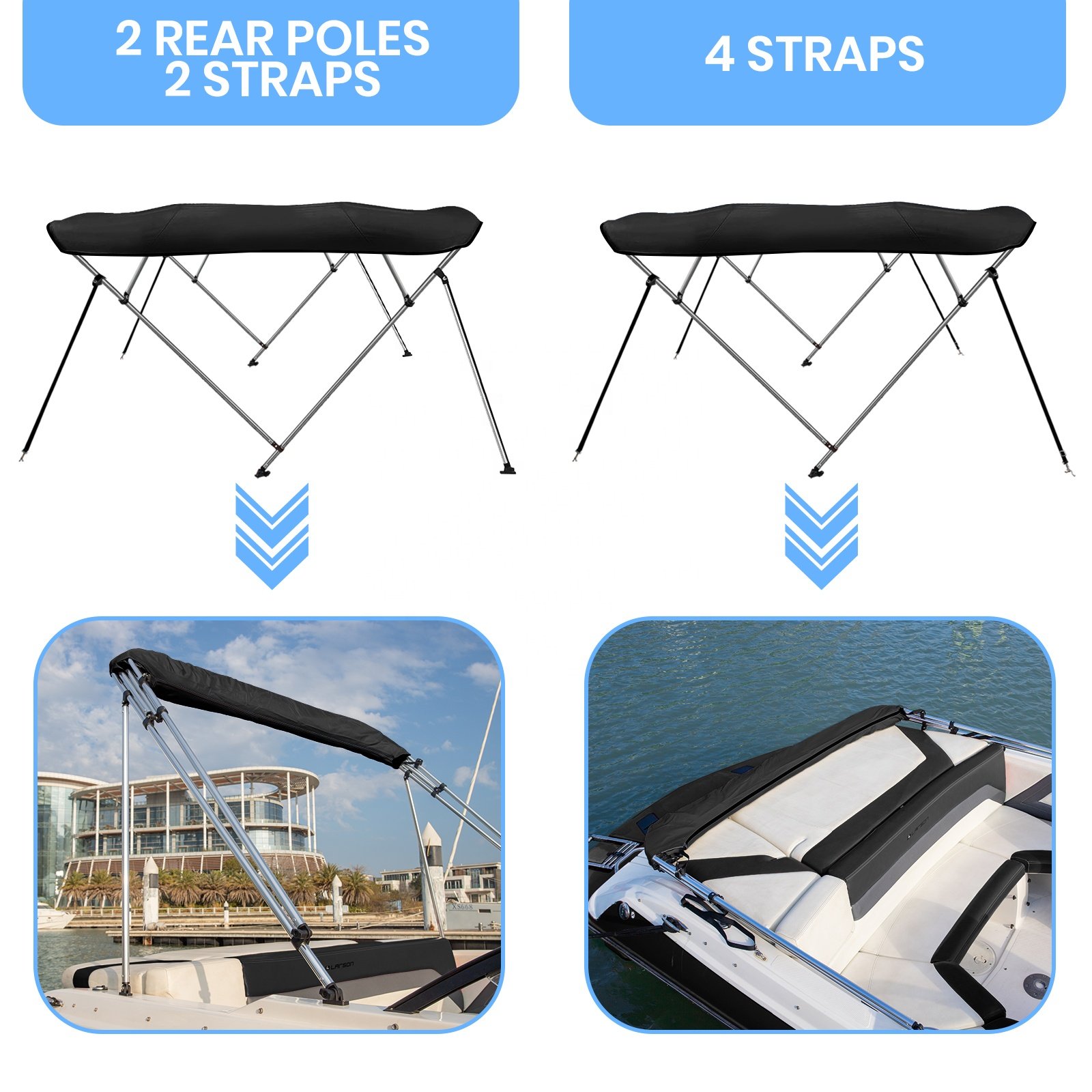 600D 4 Bow Bimini Top Cover in Different Colors with Rear Support Poles for Boats Size L