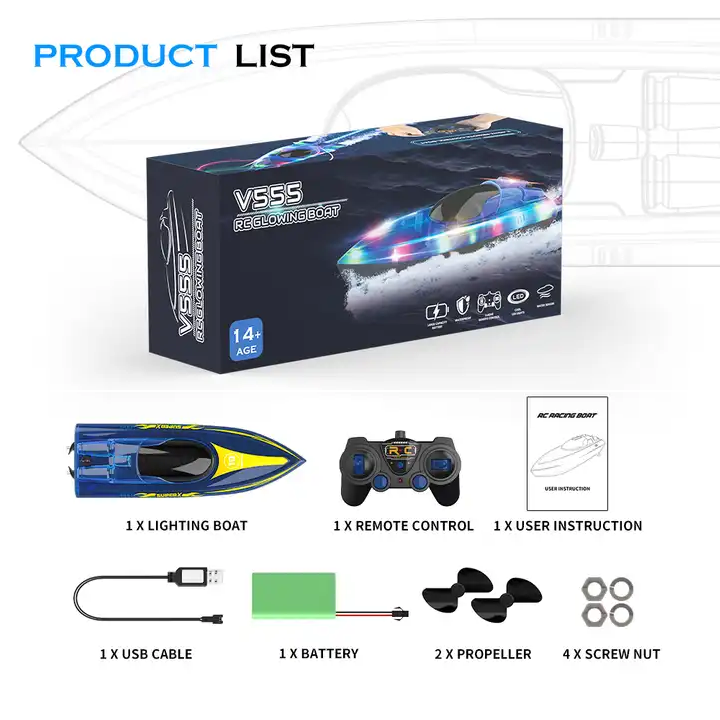 Flytec 2.4G V555 Kids Electric Boat Toy for Swimming Pool Cover Waterproof RC Electric Motor Boat Glowing 60 Mins Endurance