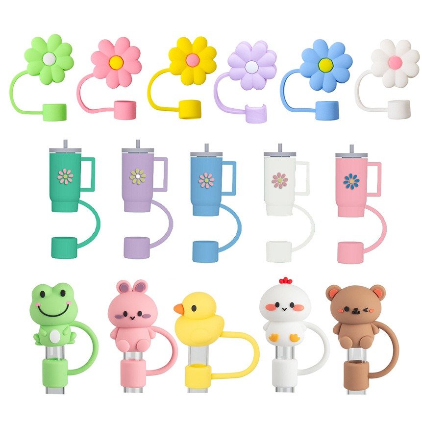 Wholesale Cute Animal Silicone Straw Toppers Reusable Splash Proof Drinking Straw Cover Protector Bar Including Cup Box