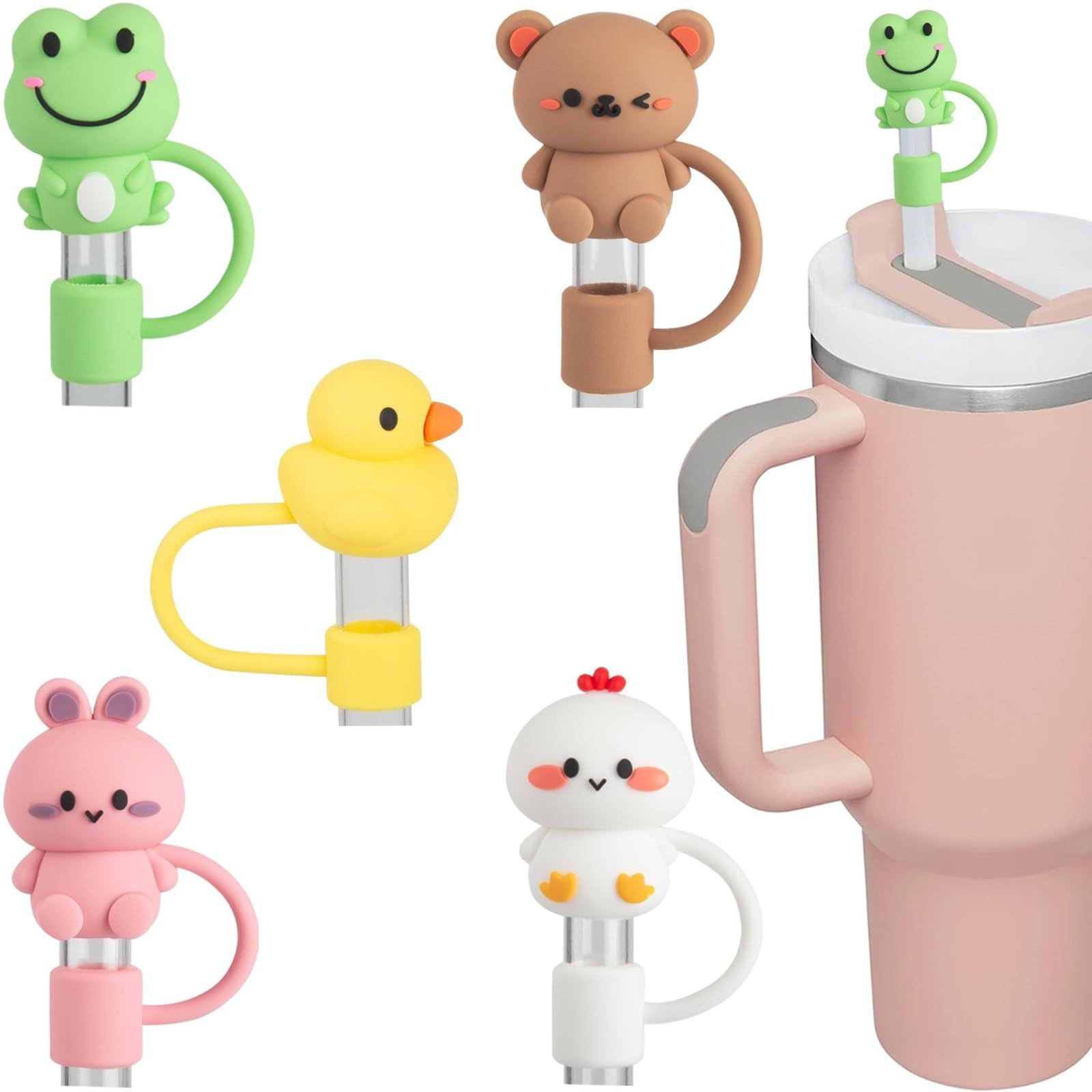 Wholesale Cute Animal Silicone Straw Toppers Reusable Splash Proof Drinking Straw Cover Protector Bar Including Cup Box