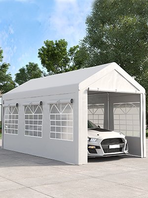 Heavy Duty 13'x20' Portable Carport 4 Roll-Up Doors Windows 180 g PE Cover Reinforced Frames Full-Size Pickups Bass