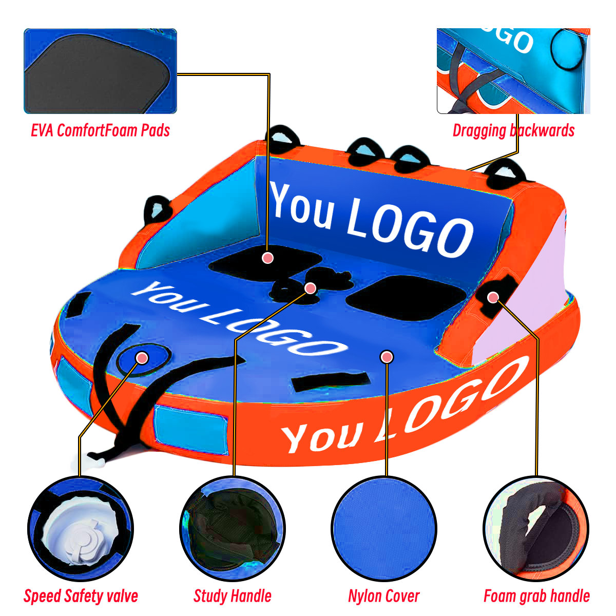 Big Brand Customized Dry Tubing Slope Slide Water Tube 3 Person Skiing Tubes with Hood Ski with PVC & Nylon Cover