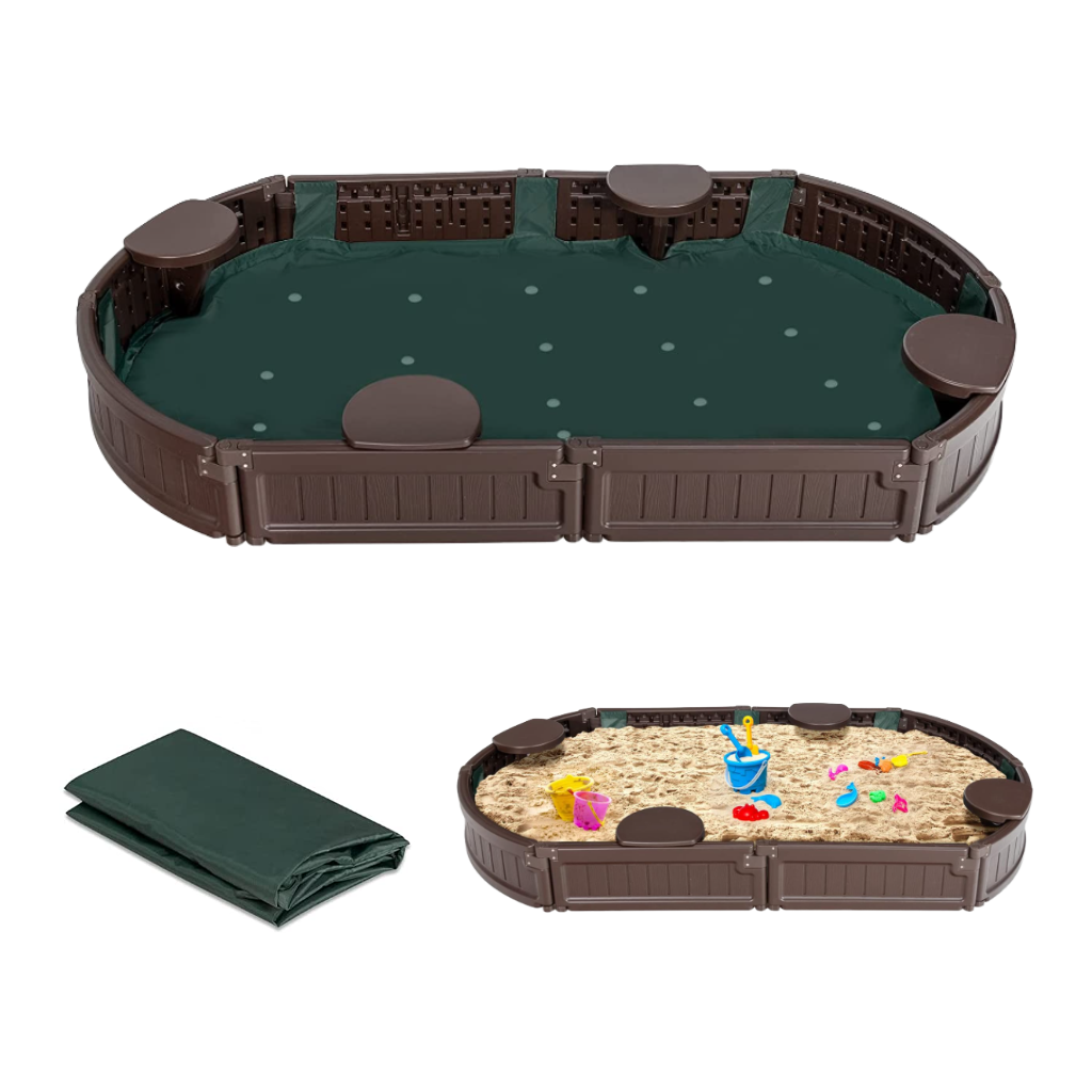 Kids Stylish Durable Oval Sandbox with Base and Cover for Outdoor Courtyard Garden Park