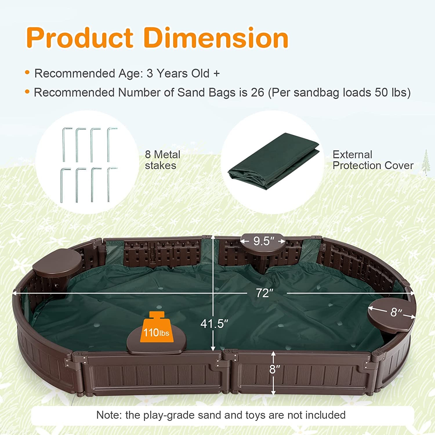 Kids Stylish Durable Oval Sandbox with Base and Cover for Outdoor Courtyard Garden Park