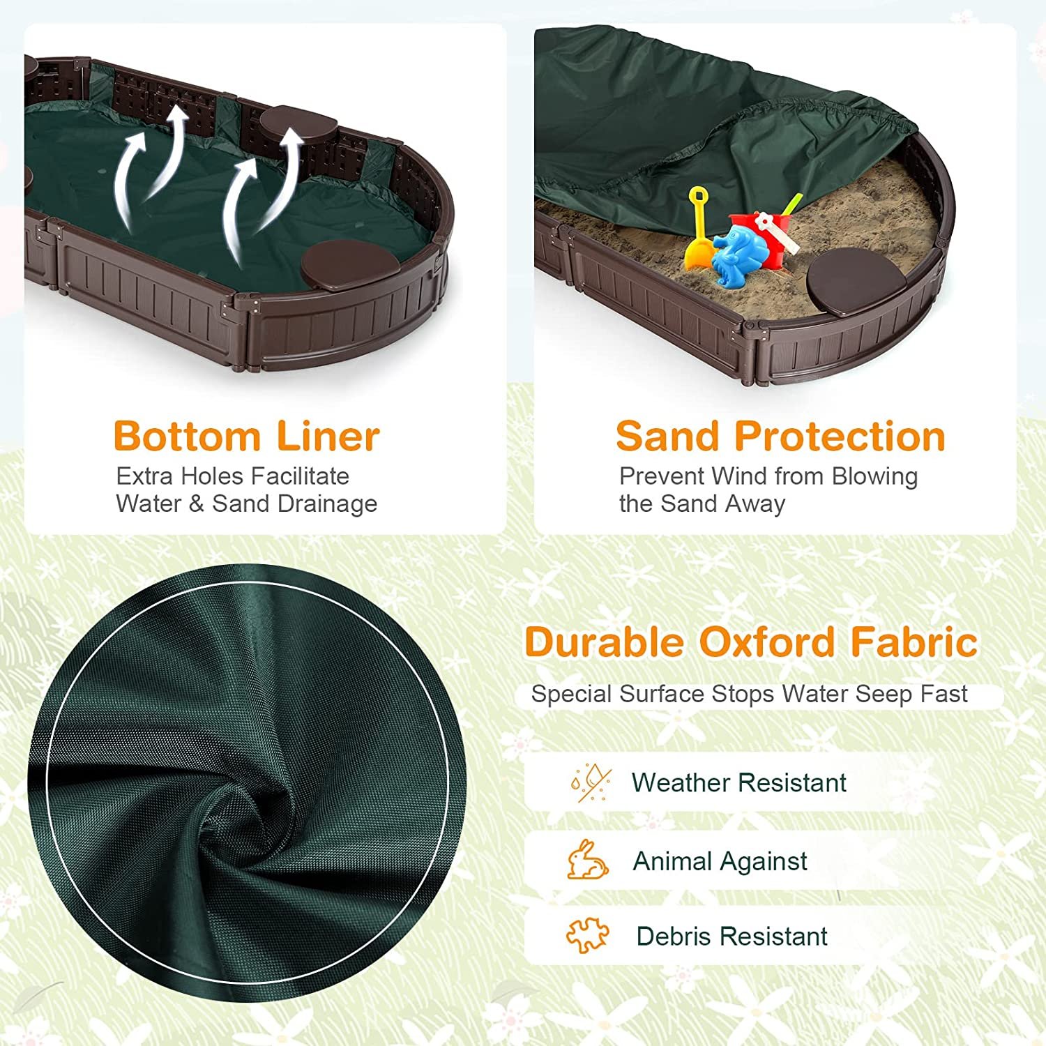 Kids Stylish Durable Oval Sandbox with Base and Cover for Outdoor Courtyard Garden Park