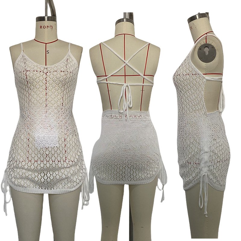 Spaghetti Strap Solid Color Sleeveless Boat Collar See Through Mesh Hollow Out Camisole Knitted Beach Cover up Dress Women