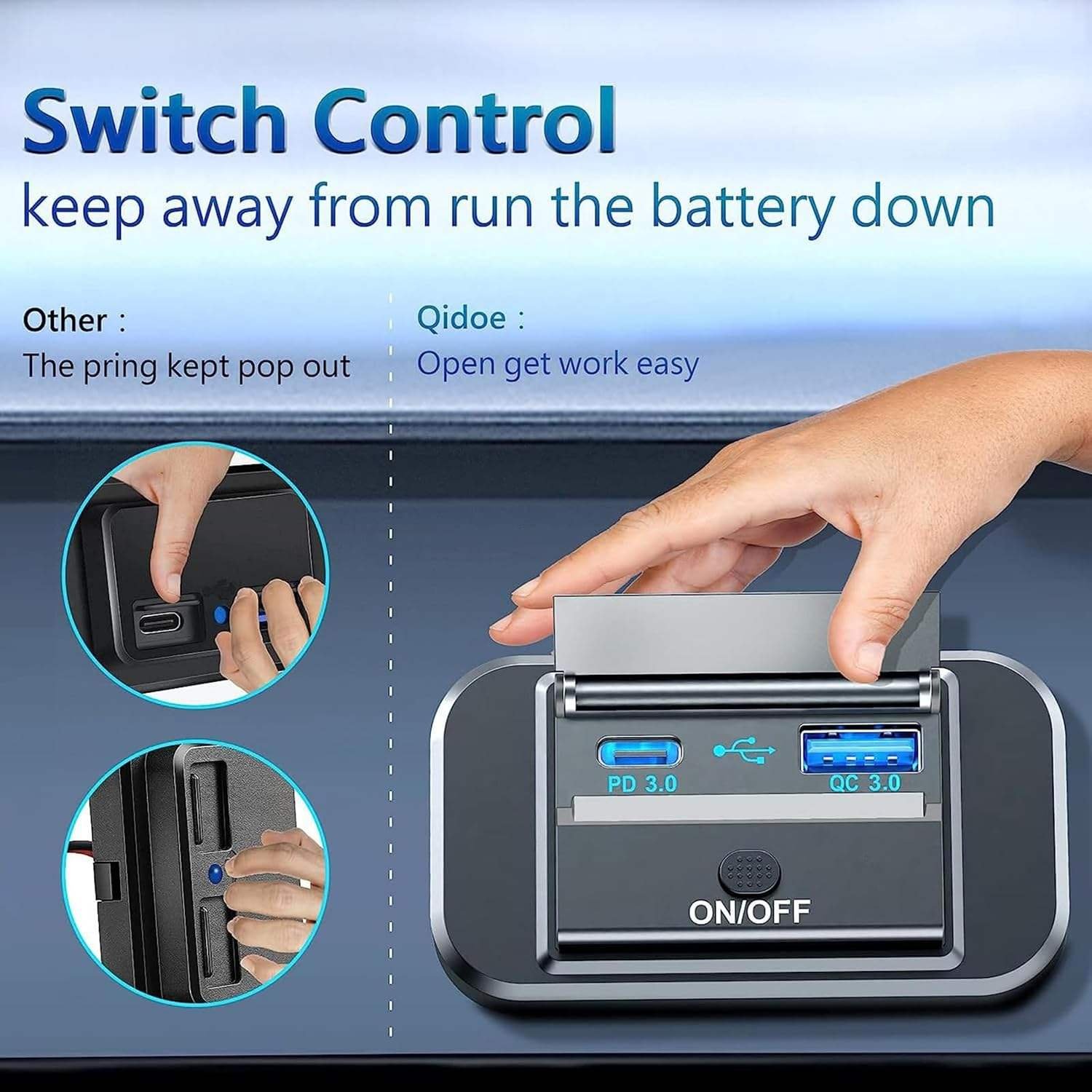 QC3.0 PD and USB Square Car Fast Charger With Cover for Car, Boat, Marine, RV,Truck