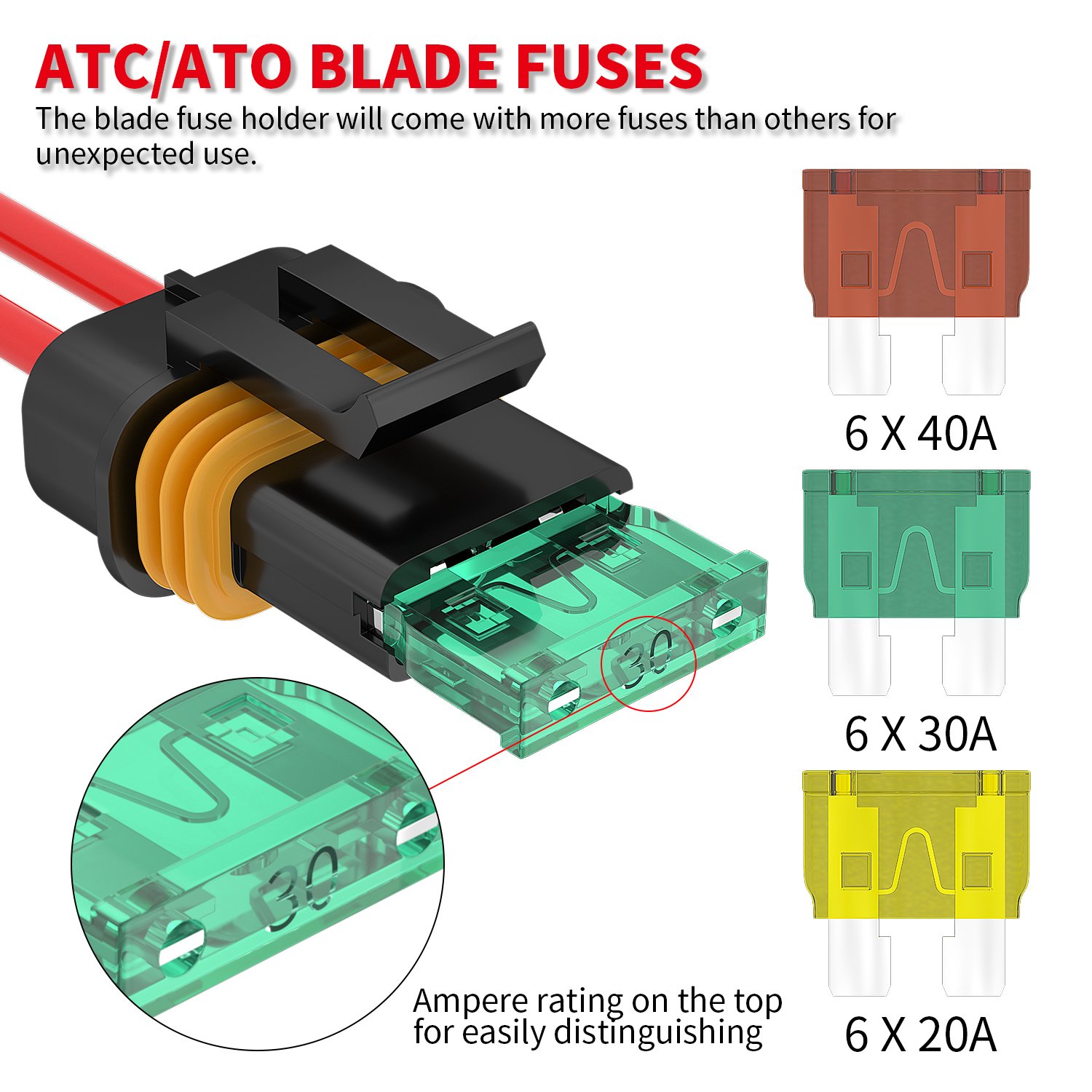 12VDC Waterproof Cover ATC-ATO Inline Blade Fuse Holder with 12AWG 15CM Wire for Car Boat Truck Marine Automotive