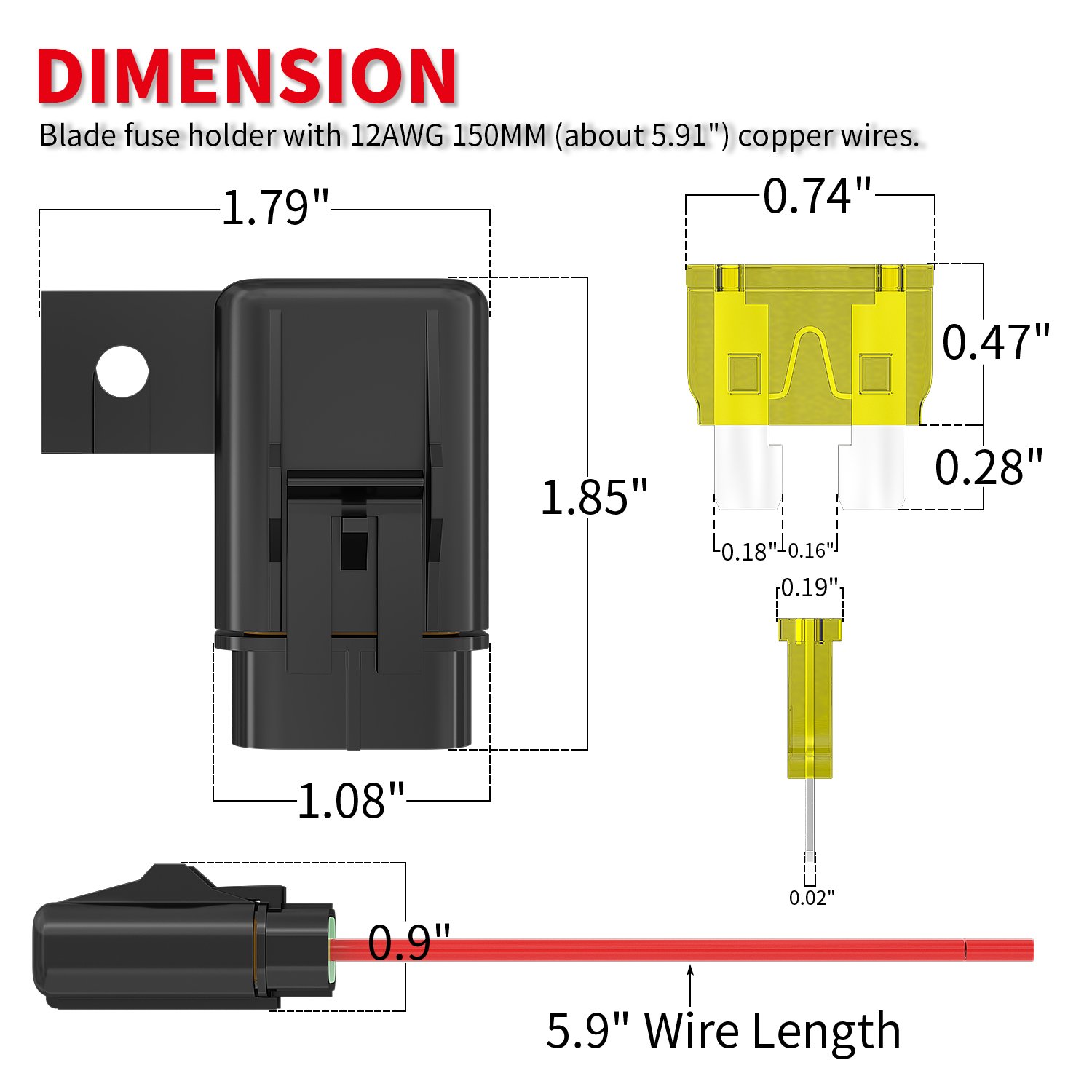 12VDC Waterproof Cover ATC-ATO Inline Blade Fuse Holder with 12AWG 15CM Wire for Car Boat Truck Marine Automotive