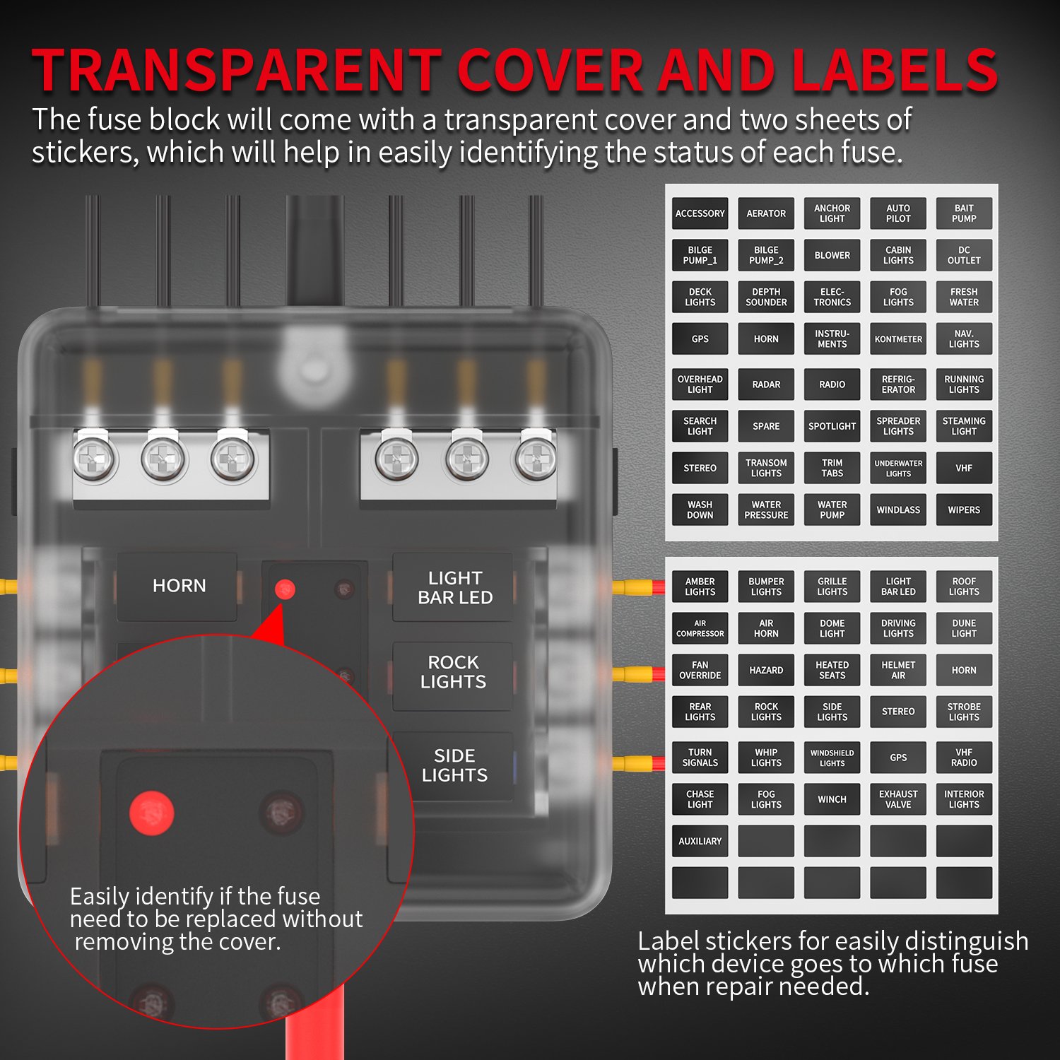 Customized 32V 100A ATO ATC Fuse Blocks Blade Fuse Holder 6 Way Waterproof LED Fuse Box With Transparent Cover