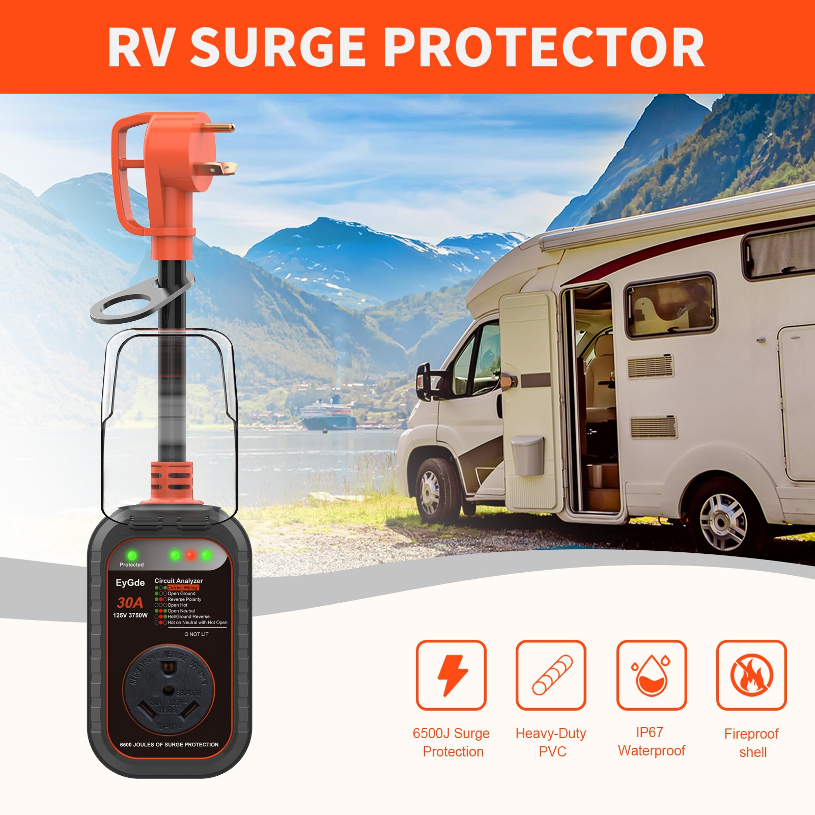 Amazon Hot RV Surge Protector 30 Amp with Waterproof Cover Camper Anti-Theft Circuit Analyzer Tester Plug