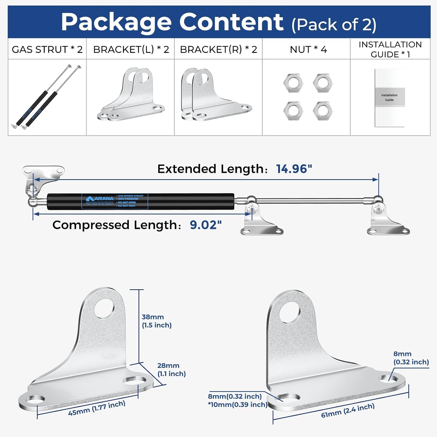 15 Inch 45lb/200N Per Gas Shock Strut Spring for Tool Box Outdoor Cabinets Boat Bed Cover