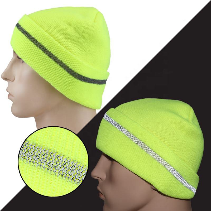 Unisex Winter Hat Knitted Custom Warm and Stretchable Fluorescent Green Neon Beanie Hat with with Reflective Strip Band